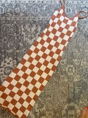 Checkerboard Slip Dress in Rust & Cream
